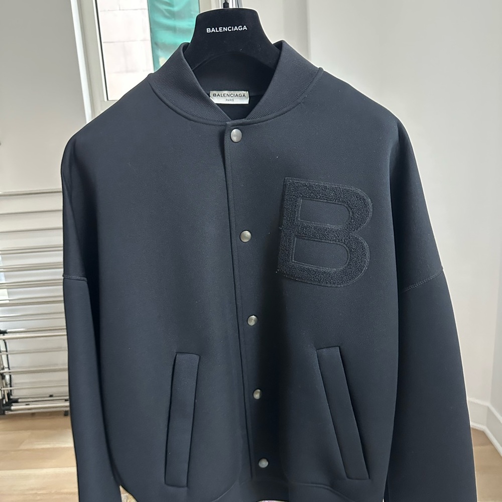Balenciaga Black Bomber Jacket with Textured “B” Logo – Size M
